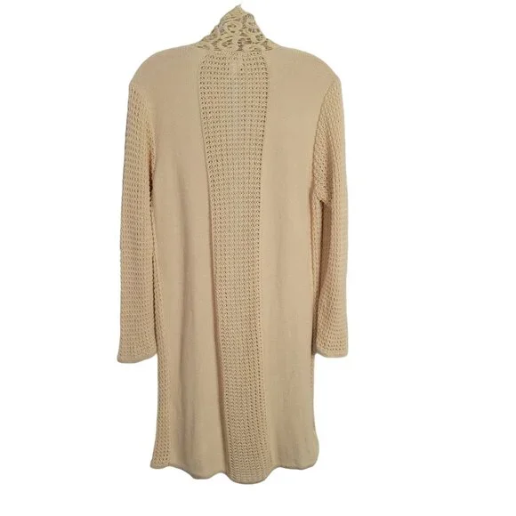 Chico's 2 Size L Cardigan Open Leslie Lace Front Long Jacket Cotton Blend Beige - Picture 3 of 10